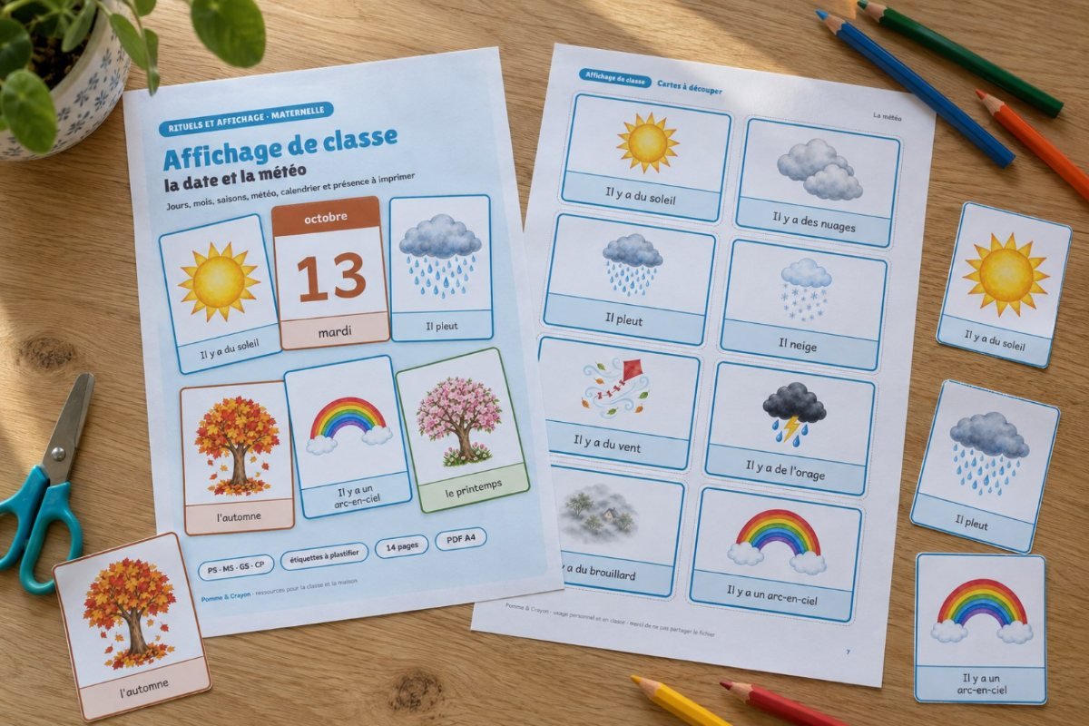 Affichage de classe : la date et la météo : imprimé sur la table