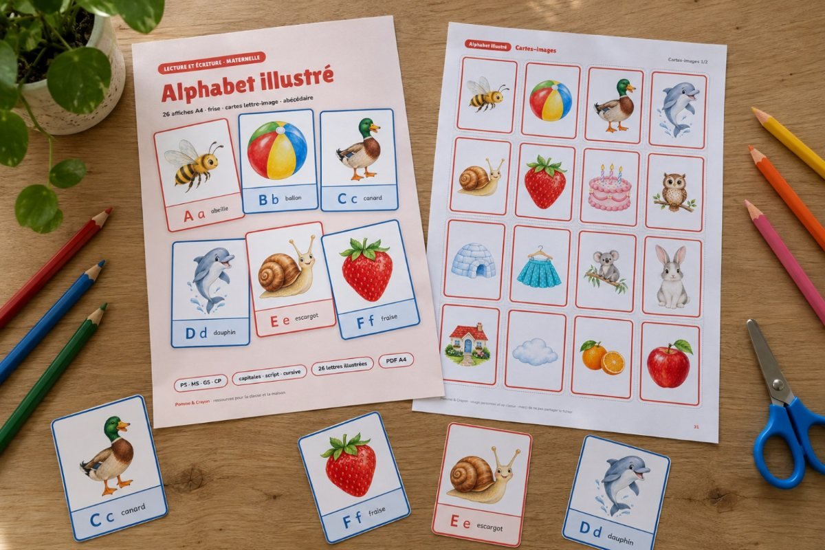 Alphabet illustré : imprimé sur la table