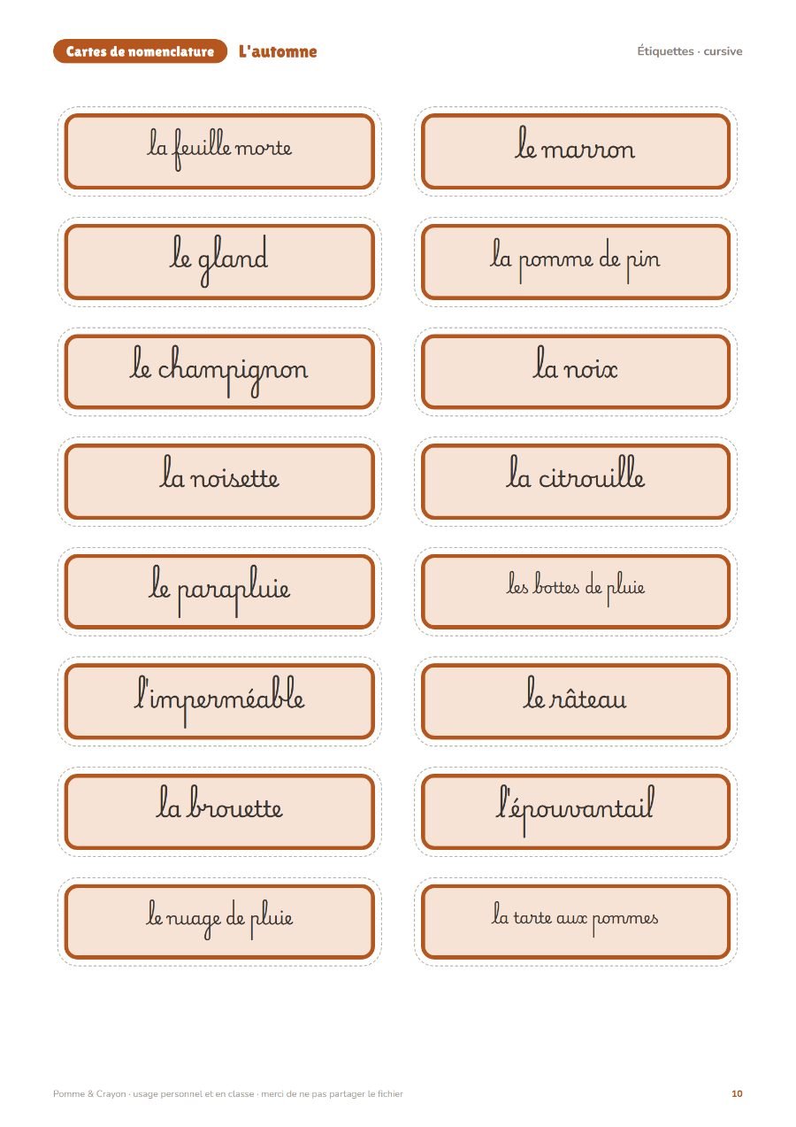 L'automne : Les étiquettes en cursive