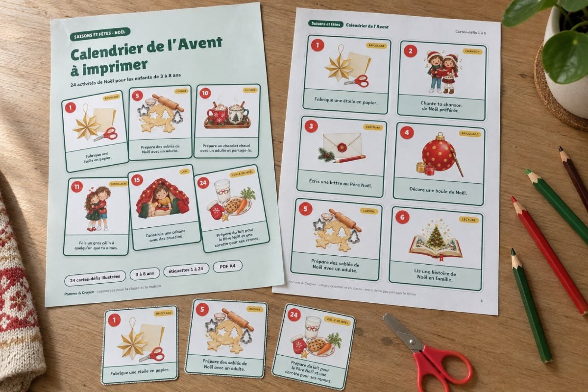 Calendrier de l'Avent à imprimer : 24 activités : imprimé sur la table