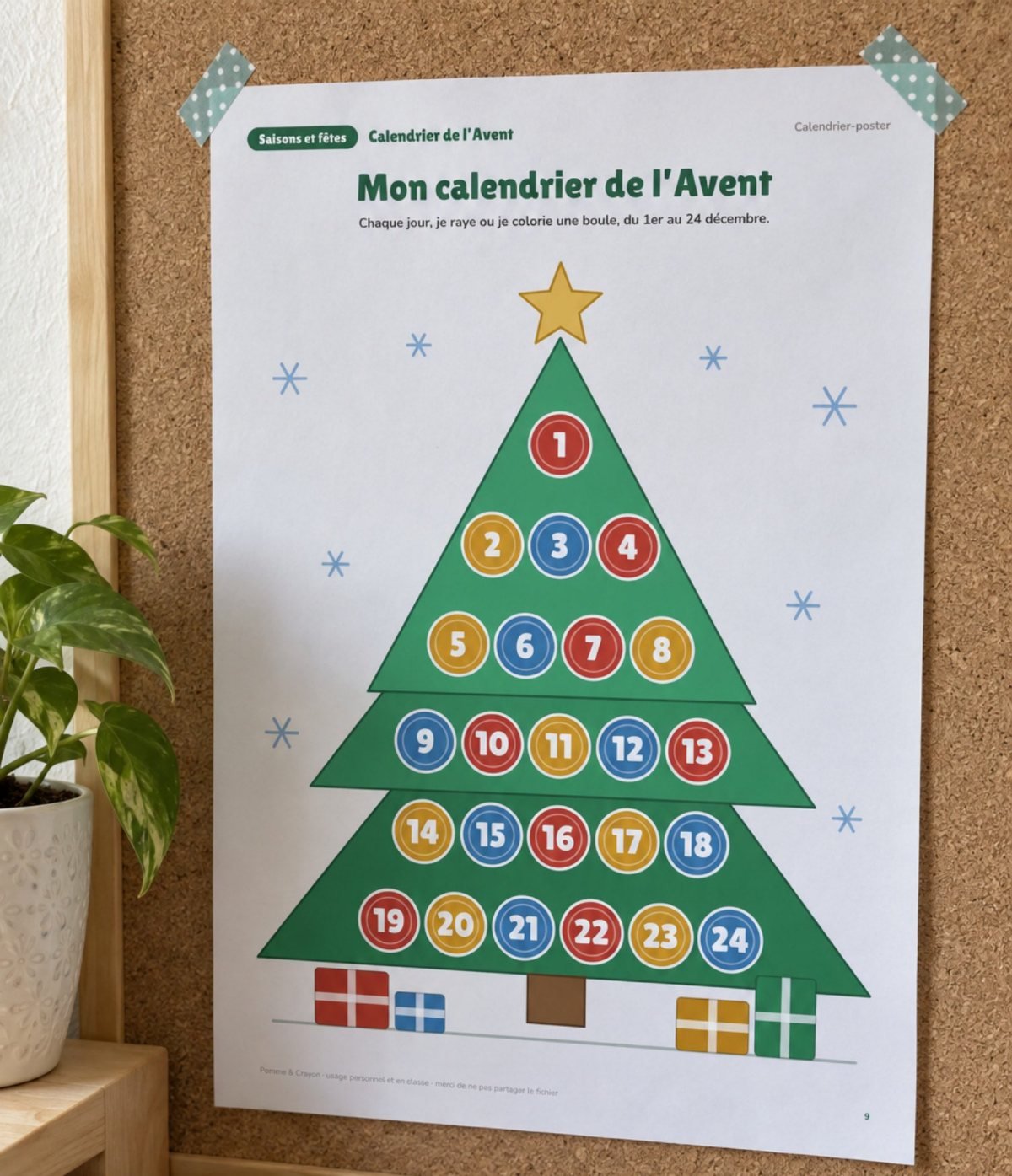 Calendrier de l'Avent à imprimer : 24 activités : affiché au mur