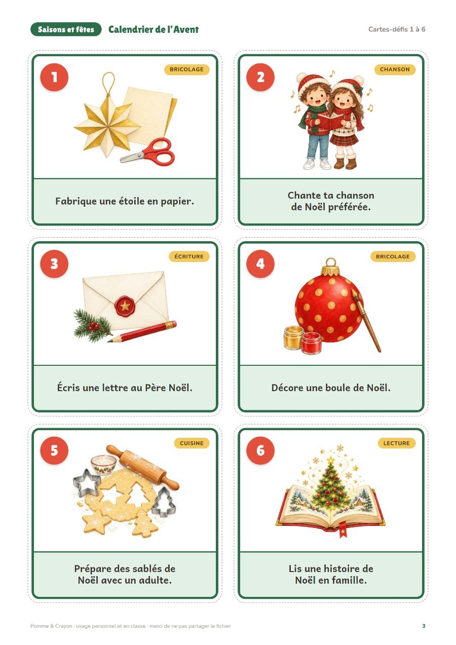 Calendrier de l'Avent à imprimer : 24 activités : Une page du fichier