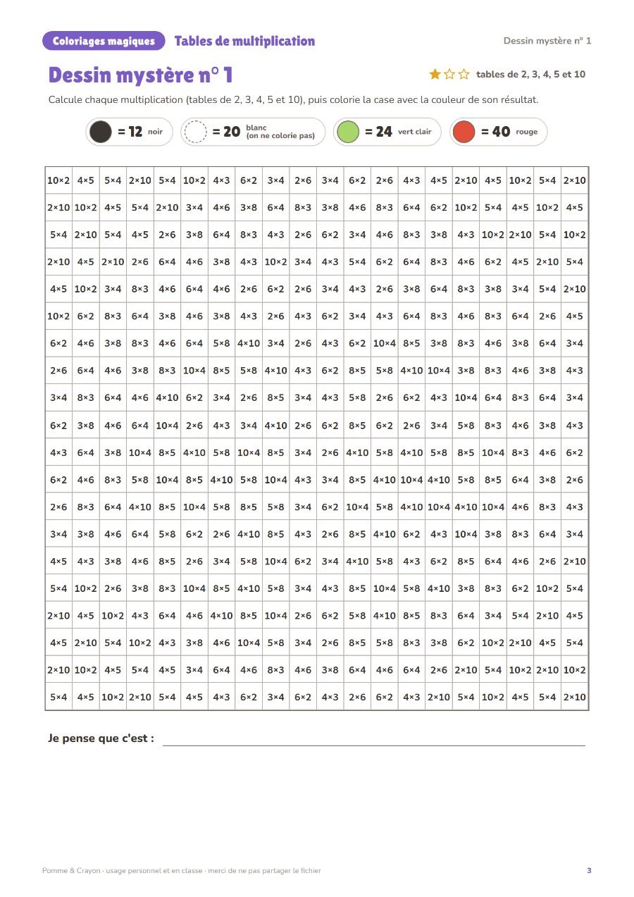 Coloriages magiques : tables de multiplication (CE1–CE2) : Une page du fichier