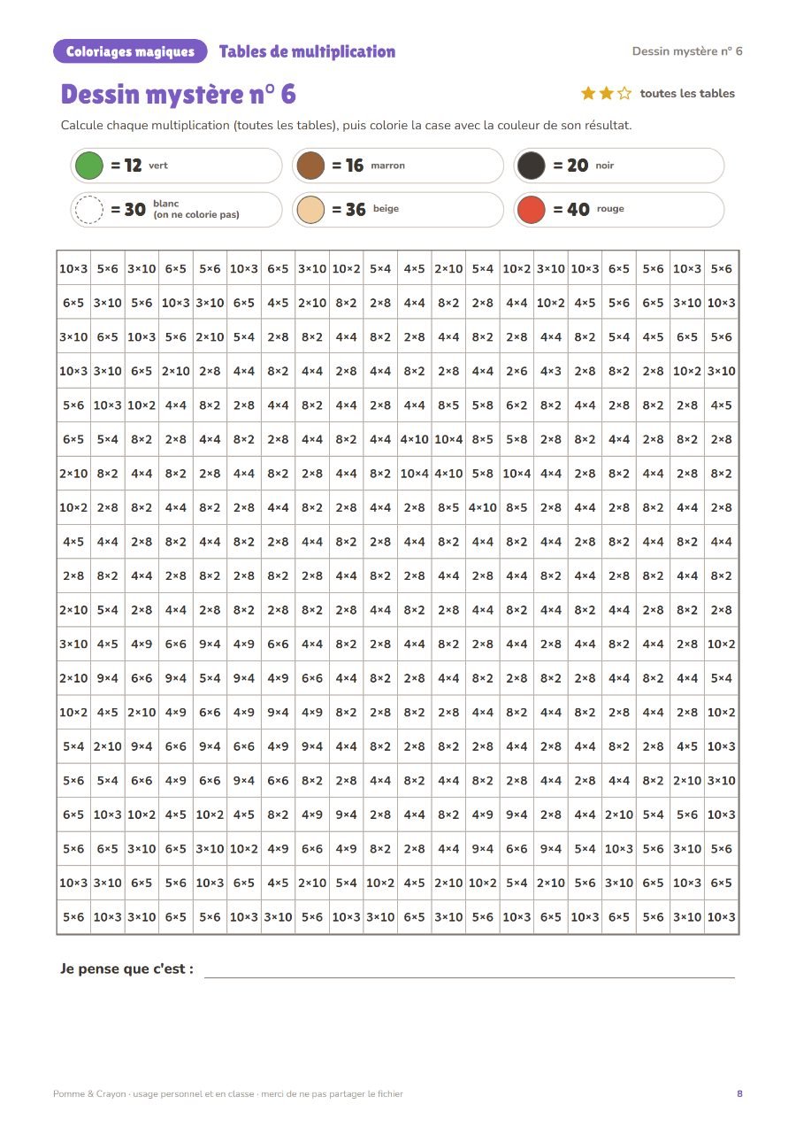 Coloriages magiques : tables de multiplication (CE1–CE2) : Une page du fichier