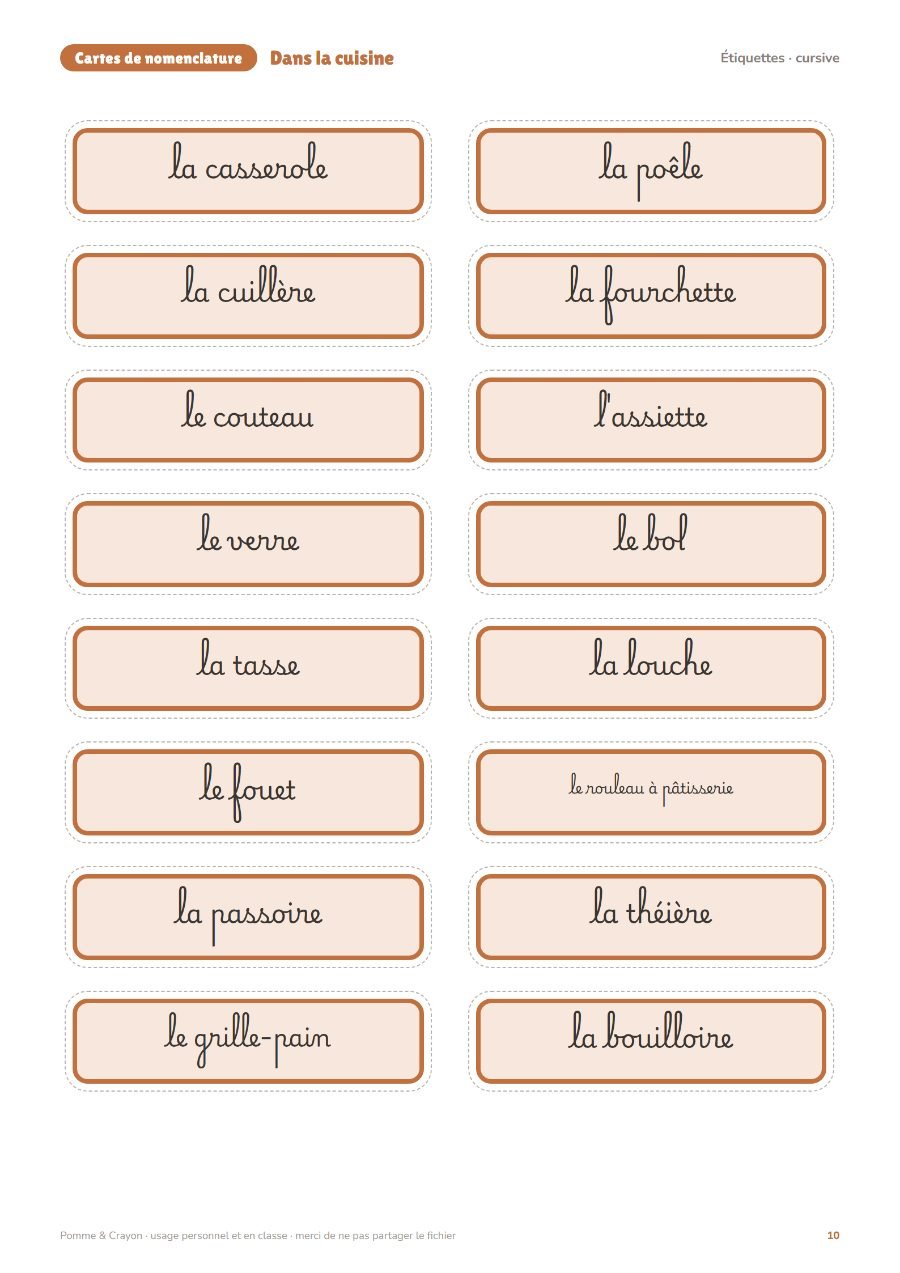 Dans la cuisine : Les étiquettes en cursive