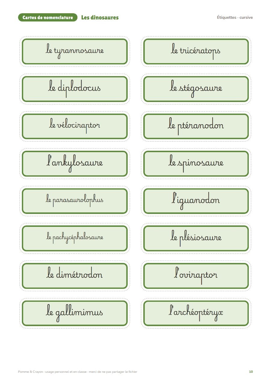 Les dinosaures : Les étiquettes en cursive