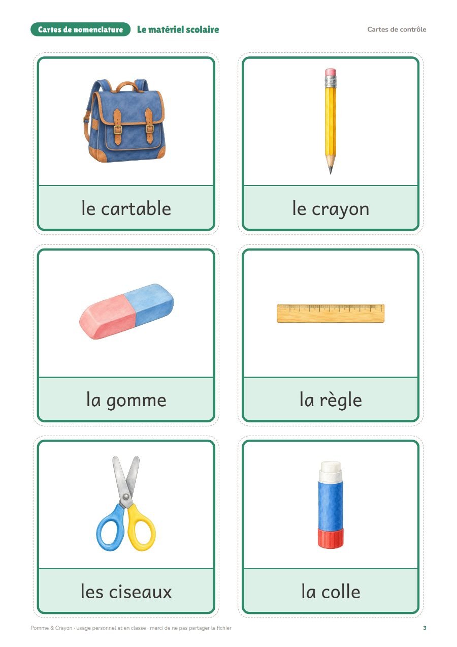 Le matériel scolaire : Les cartes de contrôle
