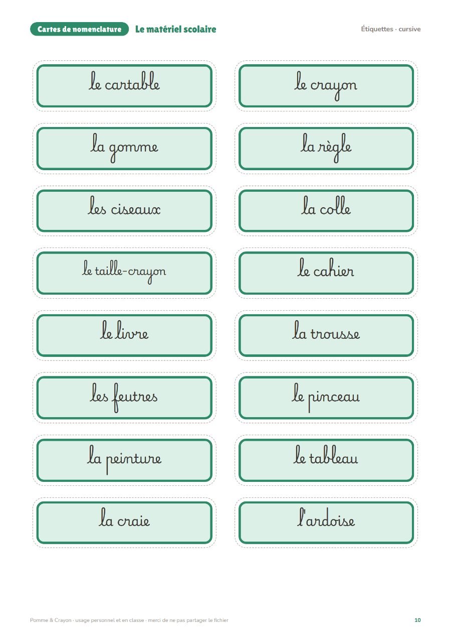 Le matériel scolaire : Les étiquettes en cursive