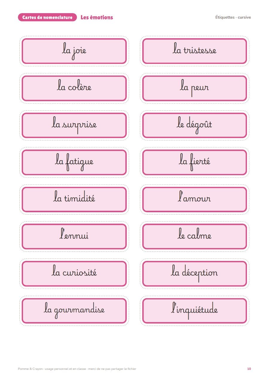 Les émotions : Les étiquettes en cursive