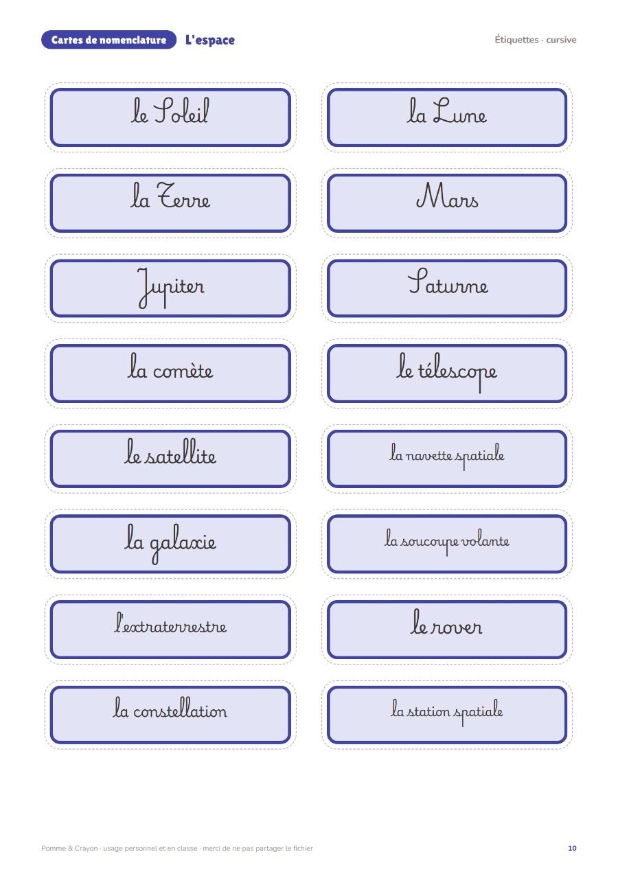 L'espace : Les étiquettes en cursive