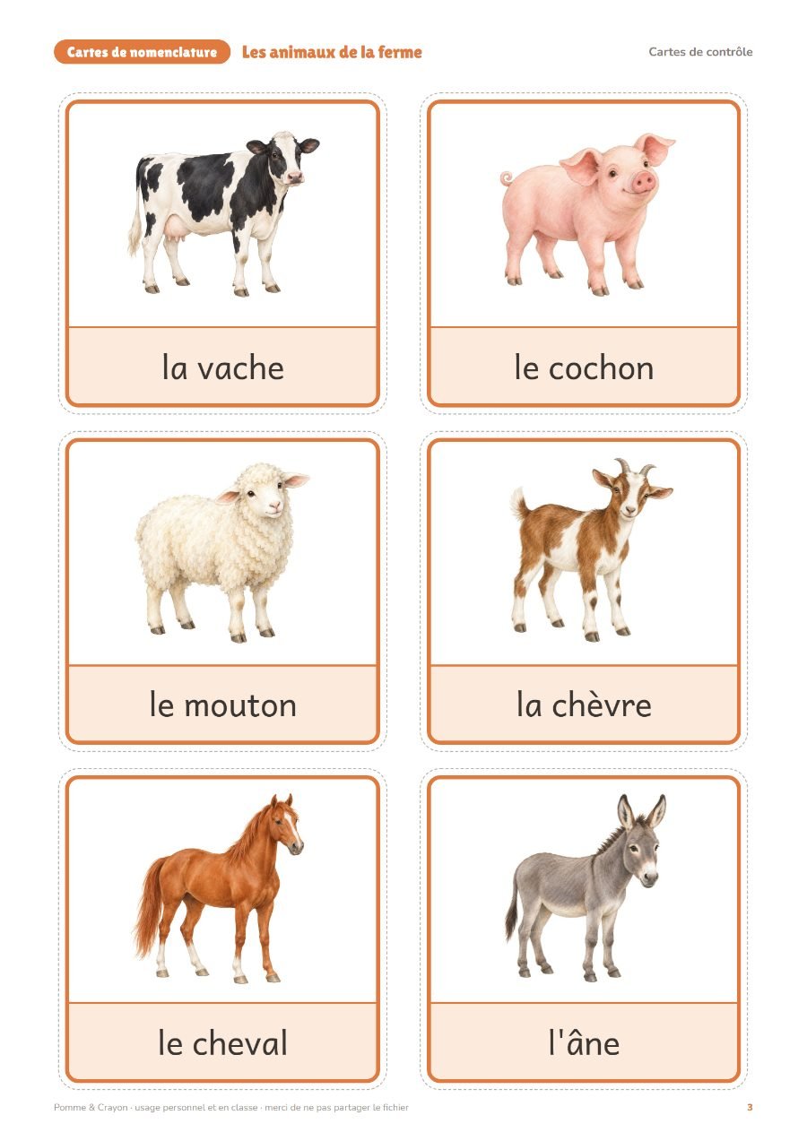 Les animaux de la ferme : Les cartes de contrôle