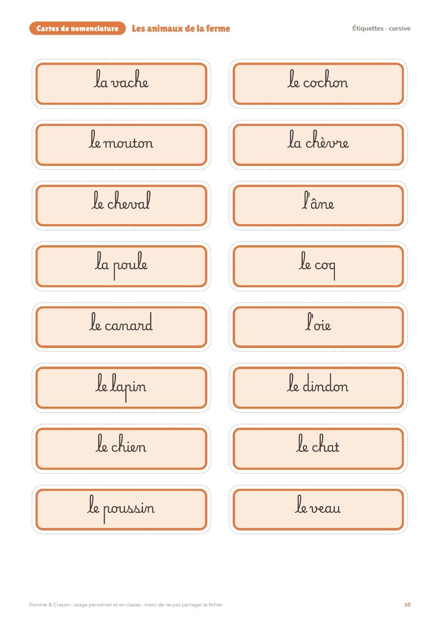 Les animaux de la ferme : Les étiquettes en cursive