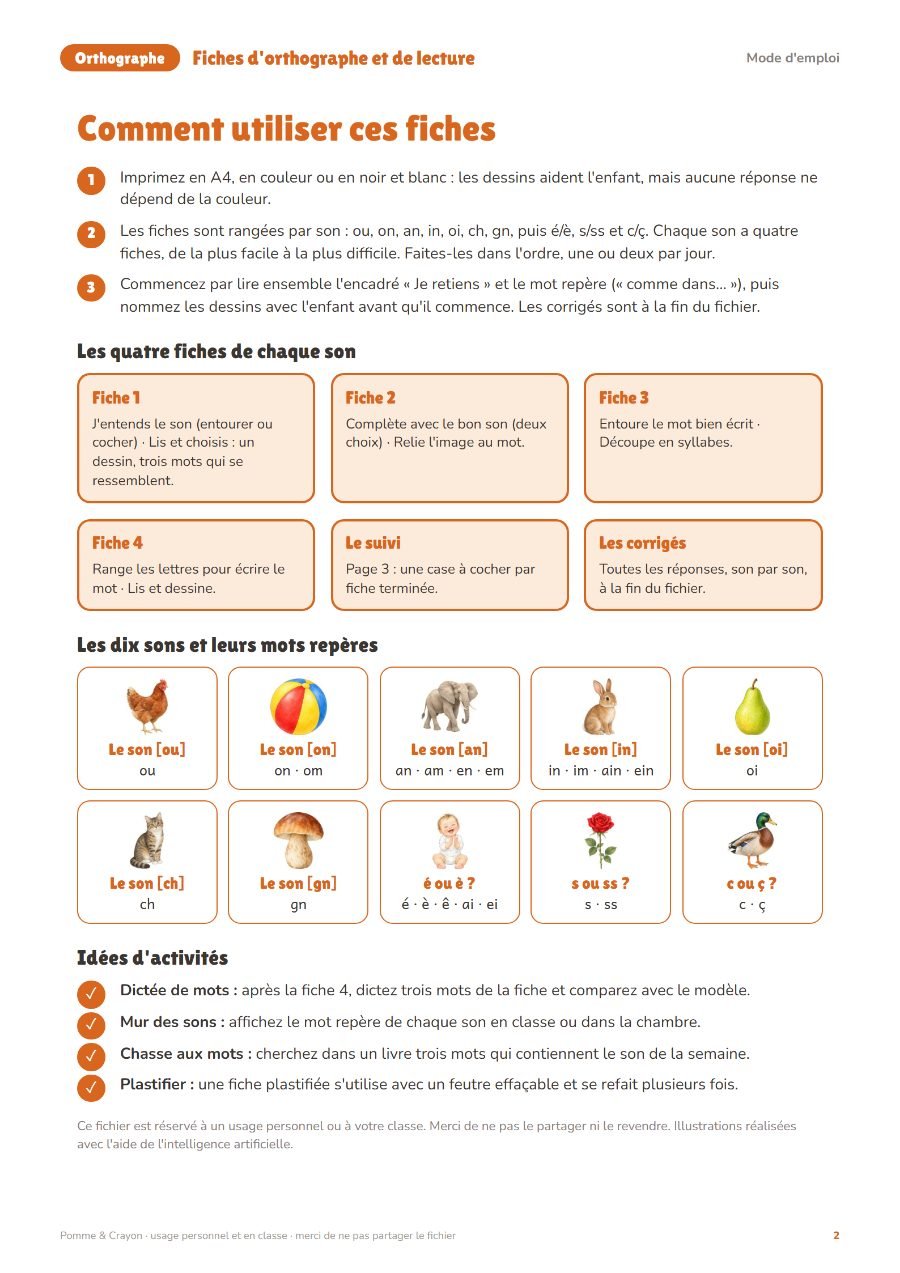 Fiches d'orthographe et de lecture : 40 fiches : Une page du fichier