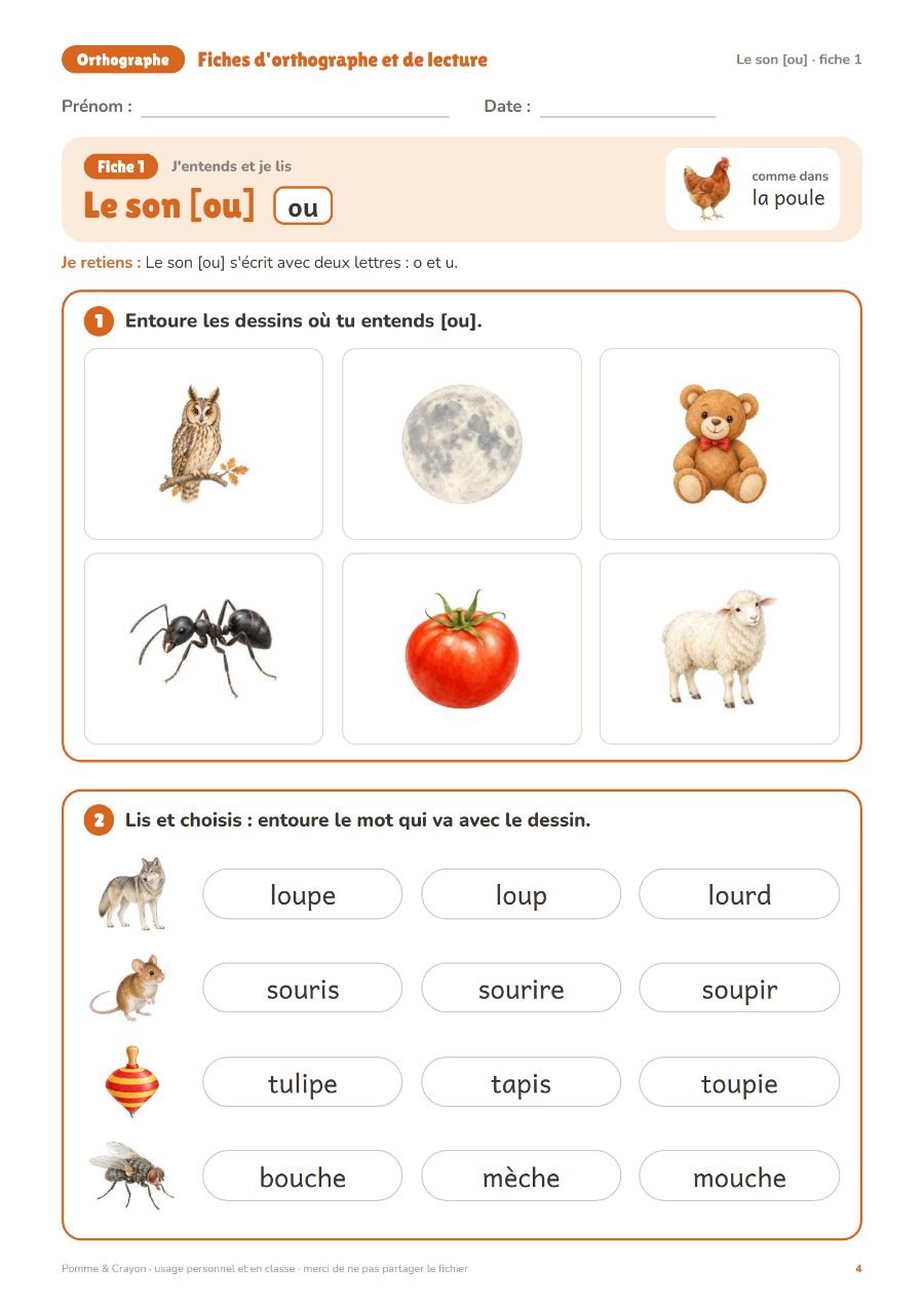 Fiches d'orthographe et de lecture : 40 fiches : Une page du fichier