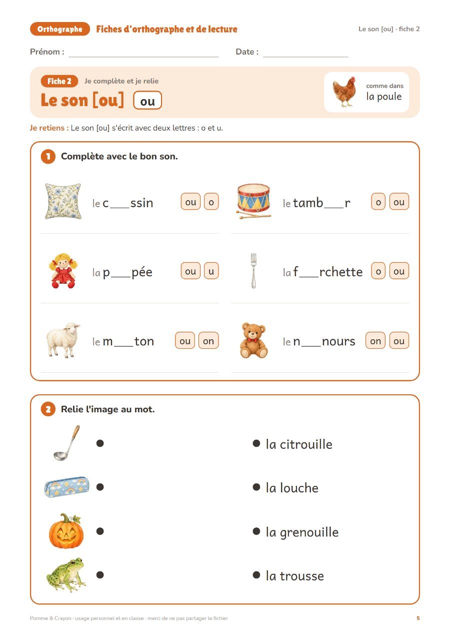 Fiches d'orthographe et de lecture : 40 fiches : Une page du fichier