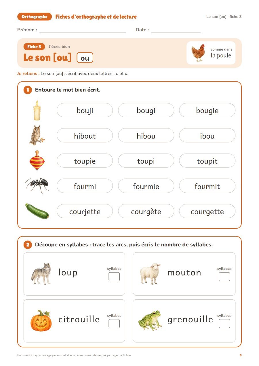 Fiches d'orthographe et de lecture : 40 fiches : Une page du fichier