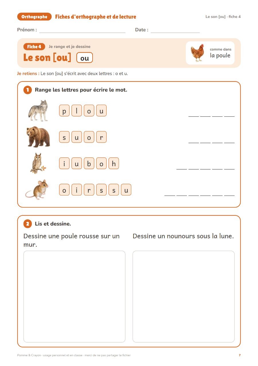 Fiches d'orthographe et de lecture : 40 fiches : Une page du fichier