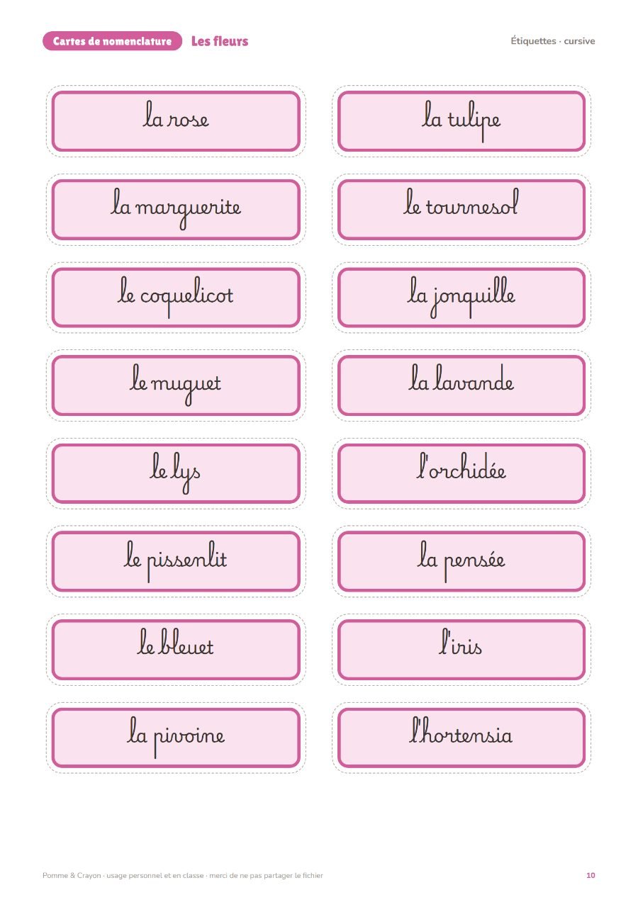 Les fleurs : Les étiquettes en cursive