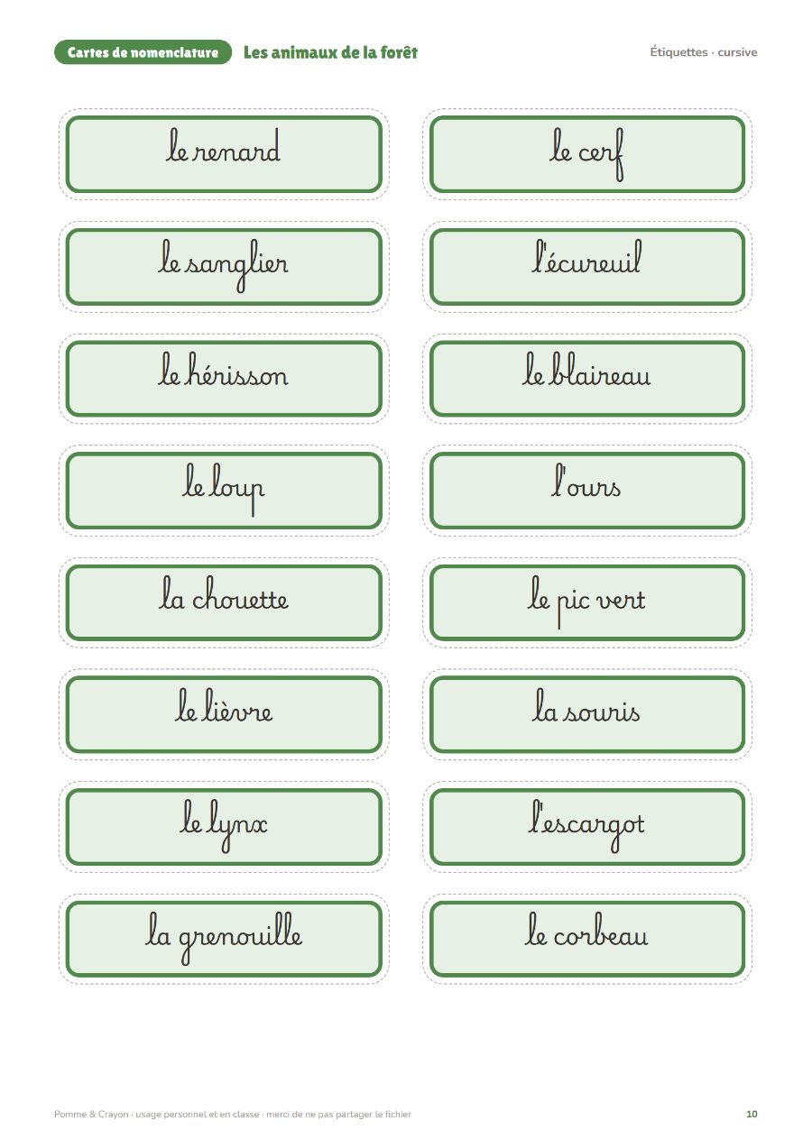 Les animaux de la forêt : Les étiquettes en cursive