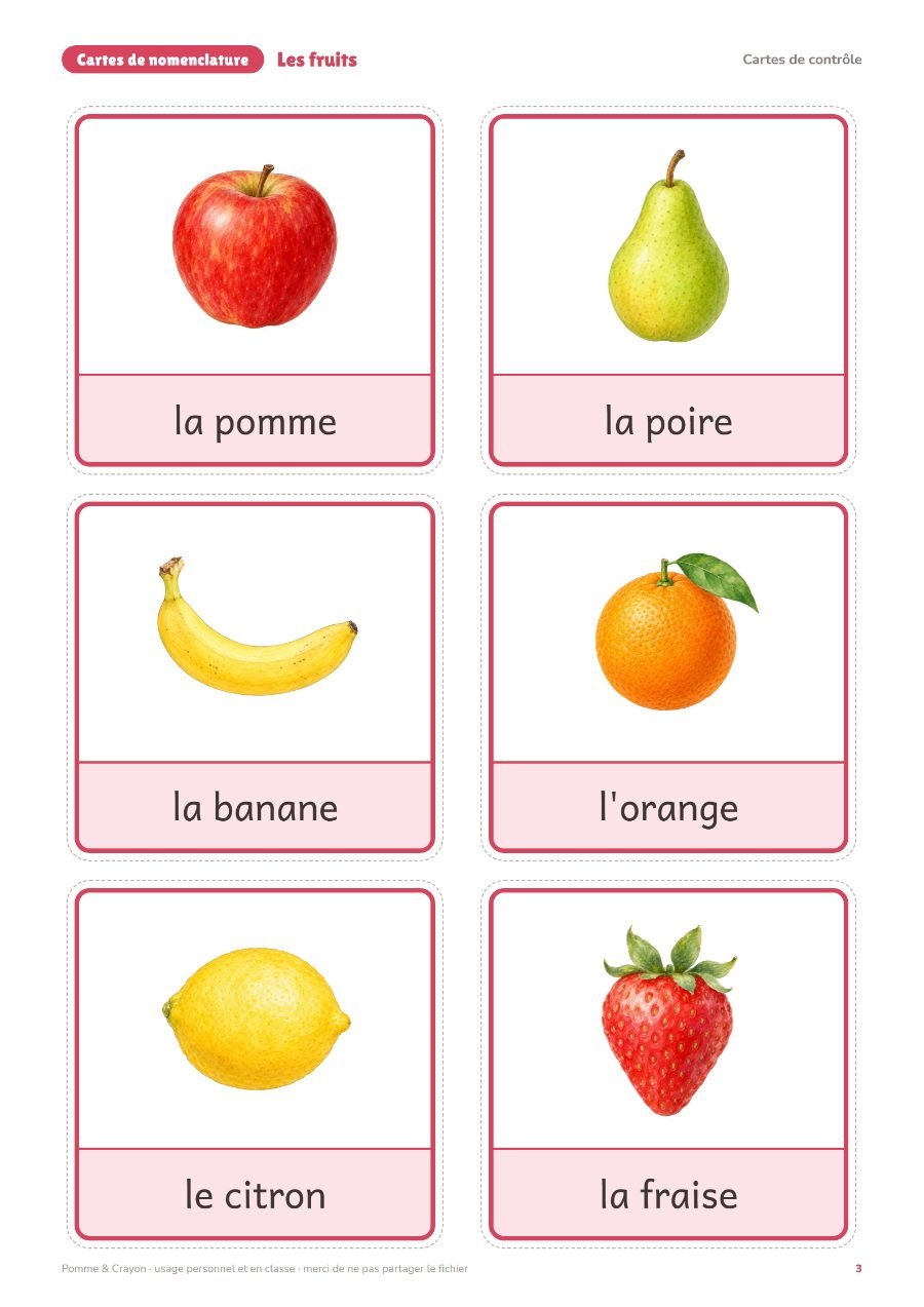 Les fruits : Les cartes de contrôle
