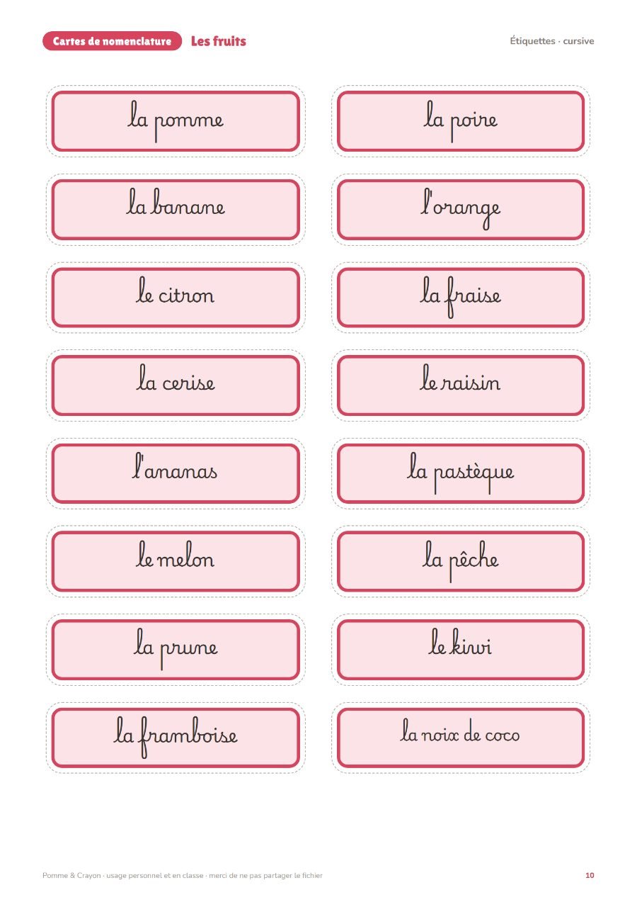 Les fruits : Les étiquettes en cursive