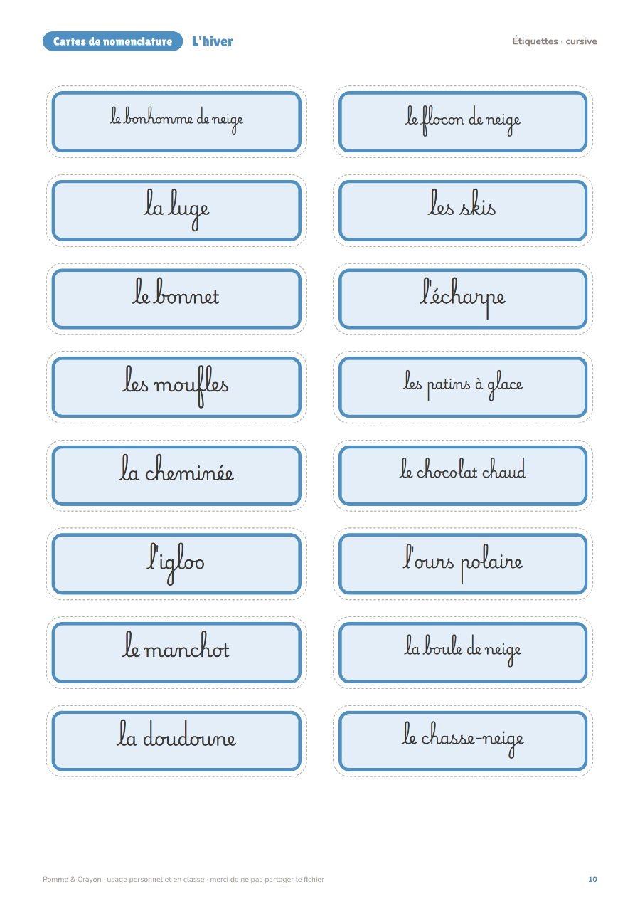 L'hiver : Les étiquettes en cursive