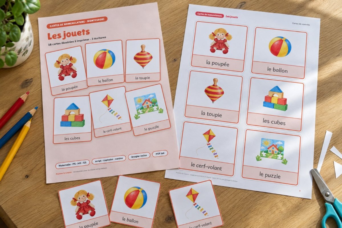 Les jouets : imprimé sur la table