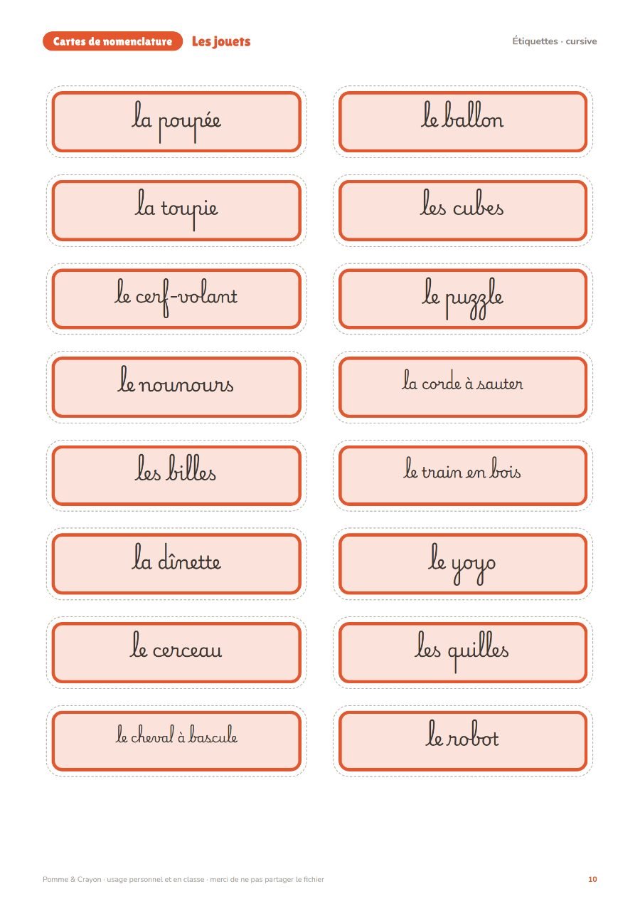 Les jouets : Les étiquettes en cursive