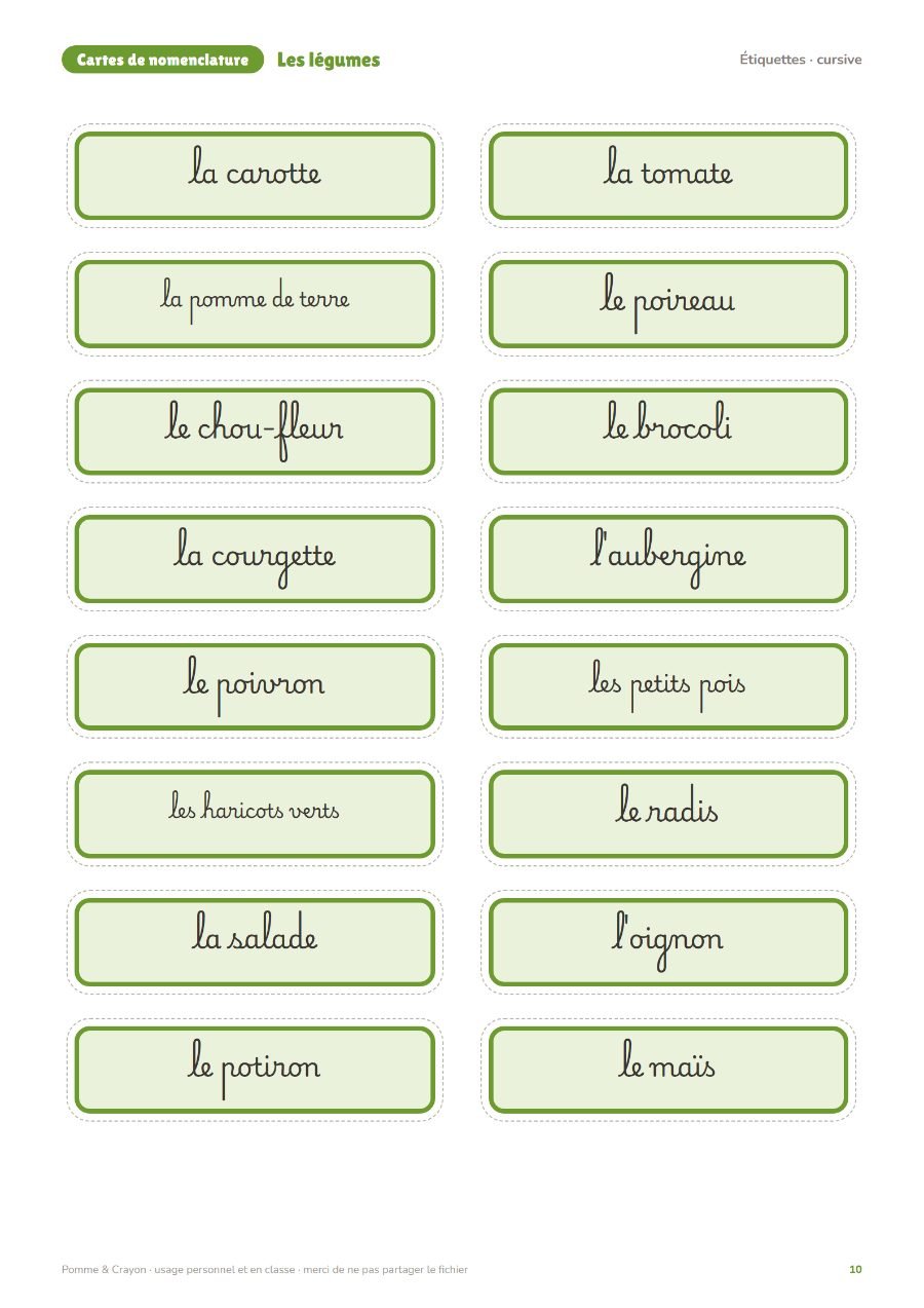 Les légumes : Les étiquettes en cursive