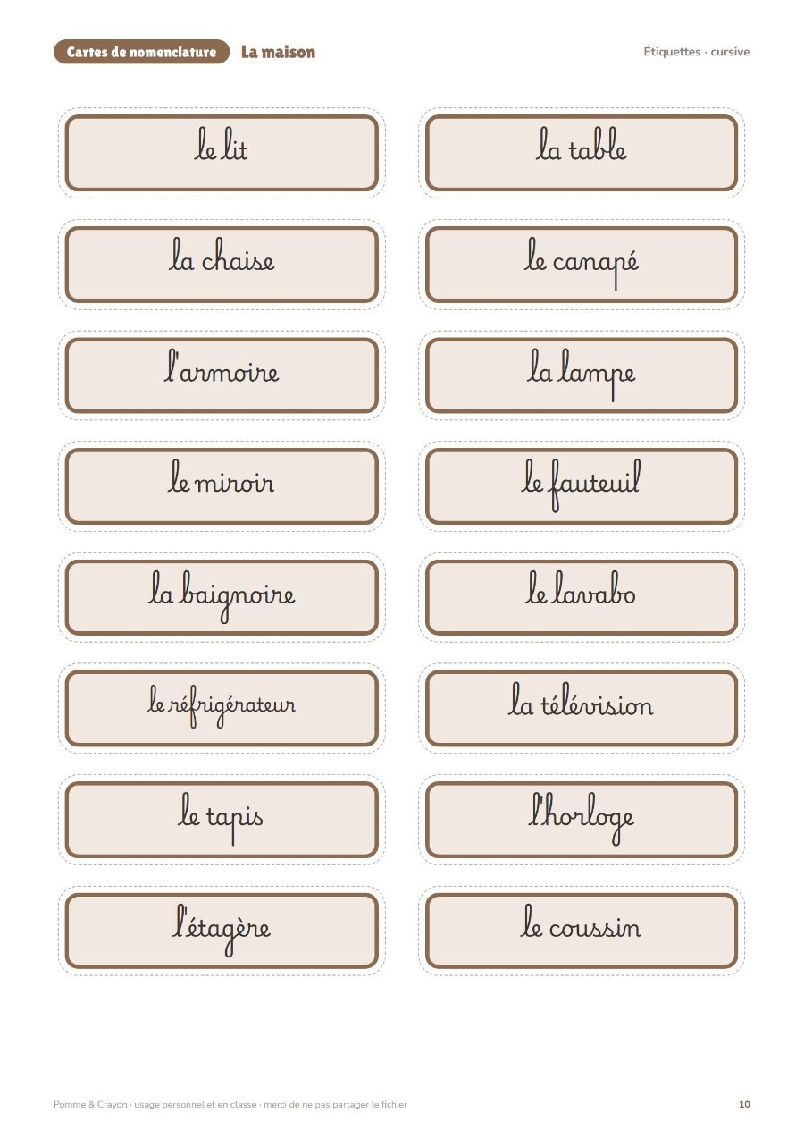 La maison : Les étiquettes en cursive