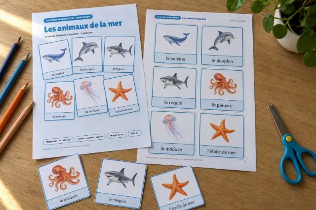 Cartes de nomenclature à imprimer : Les animaux de la mer