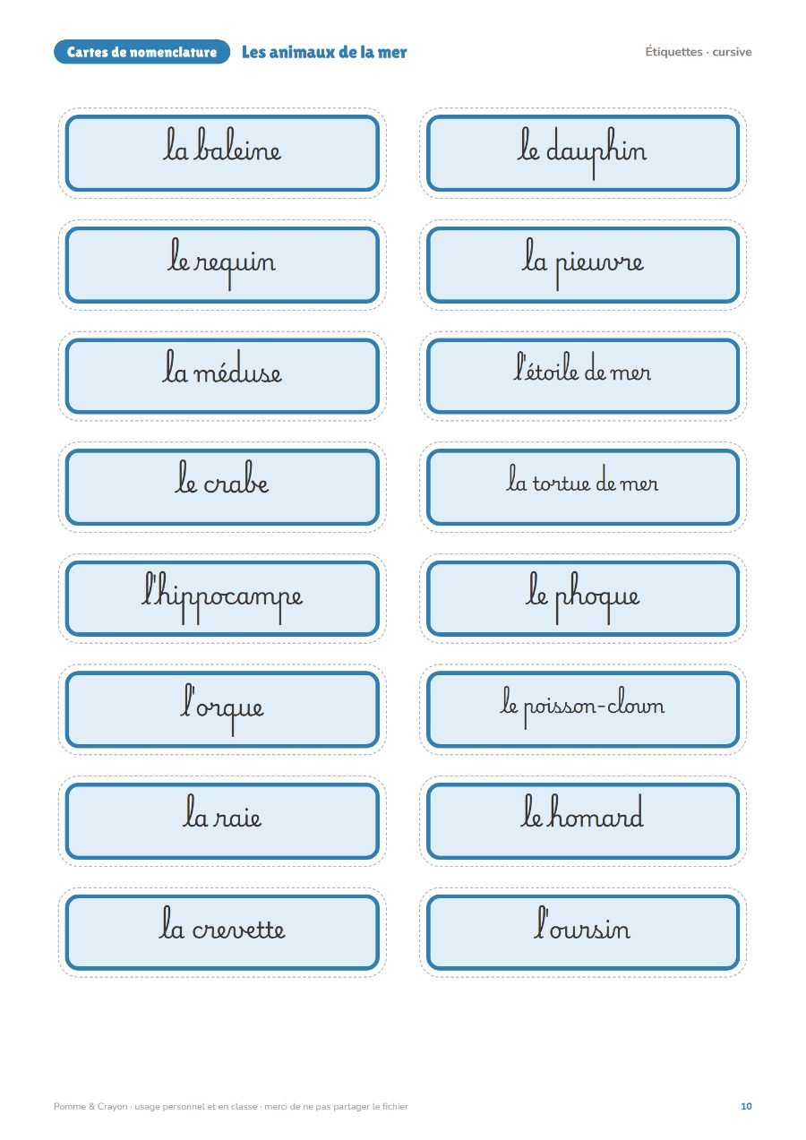 Les animaux de la mer : Les étiquettes en cursive