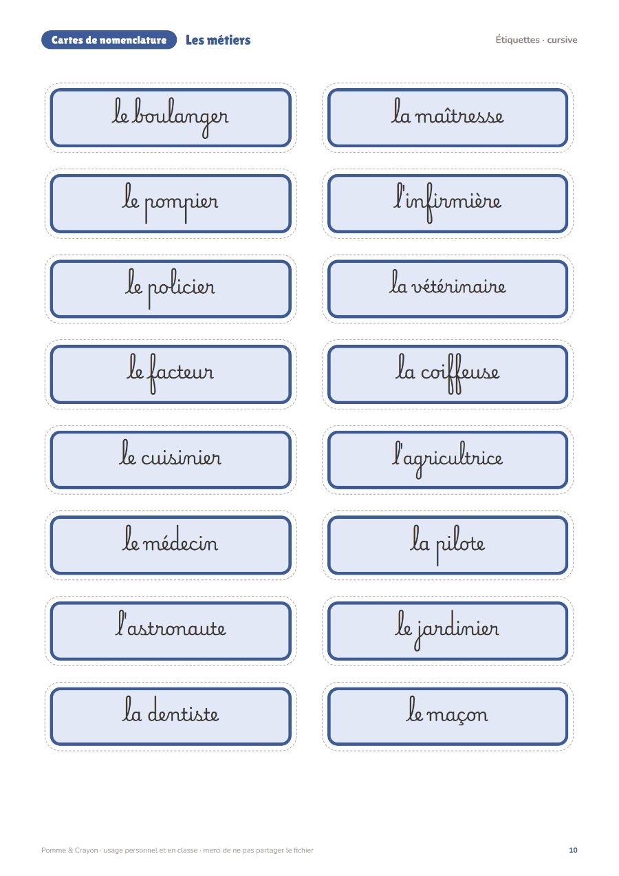 Les métiers : Les étiquettes en cursive