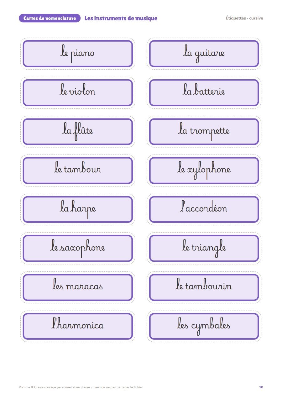 Les instruments de musique : Les étiquettes en cursive