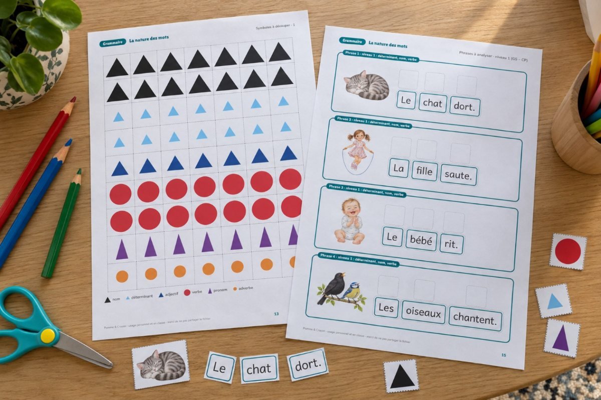 La nature des mots : symboles de grammaire Montessori : imprimé sur la table