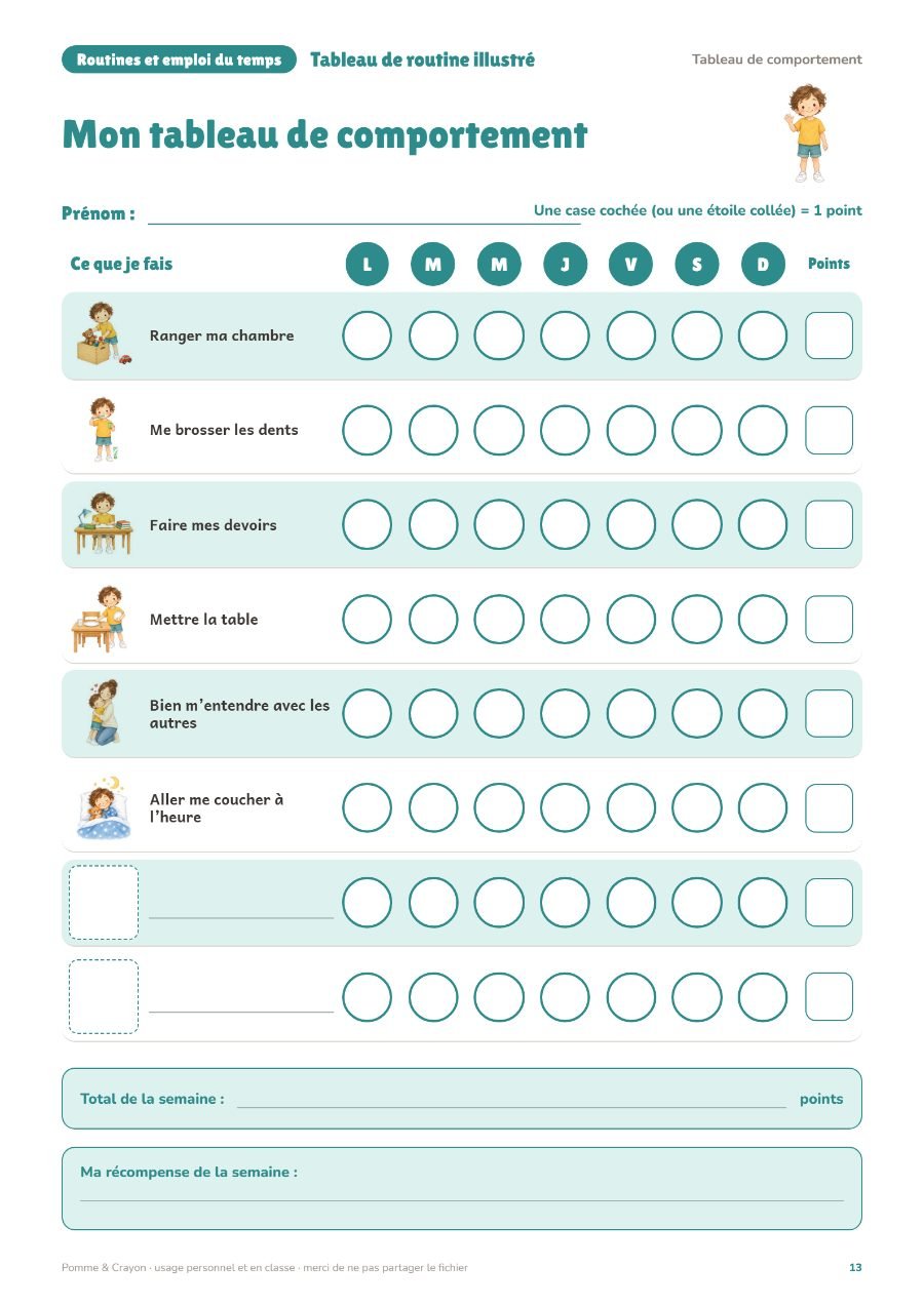 Tableau de routine illustré : Une page du fichier