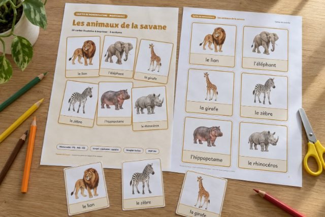 Cartes de nomenclature à imprimer : Les animaux de la savane