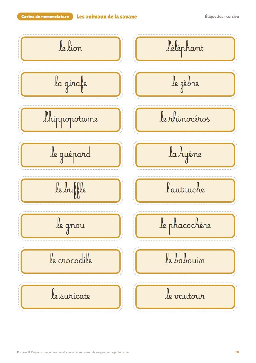 Les animaux de la savane : Les étiquettes en cursive