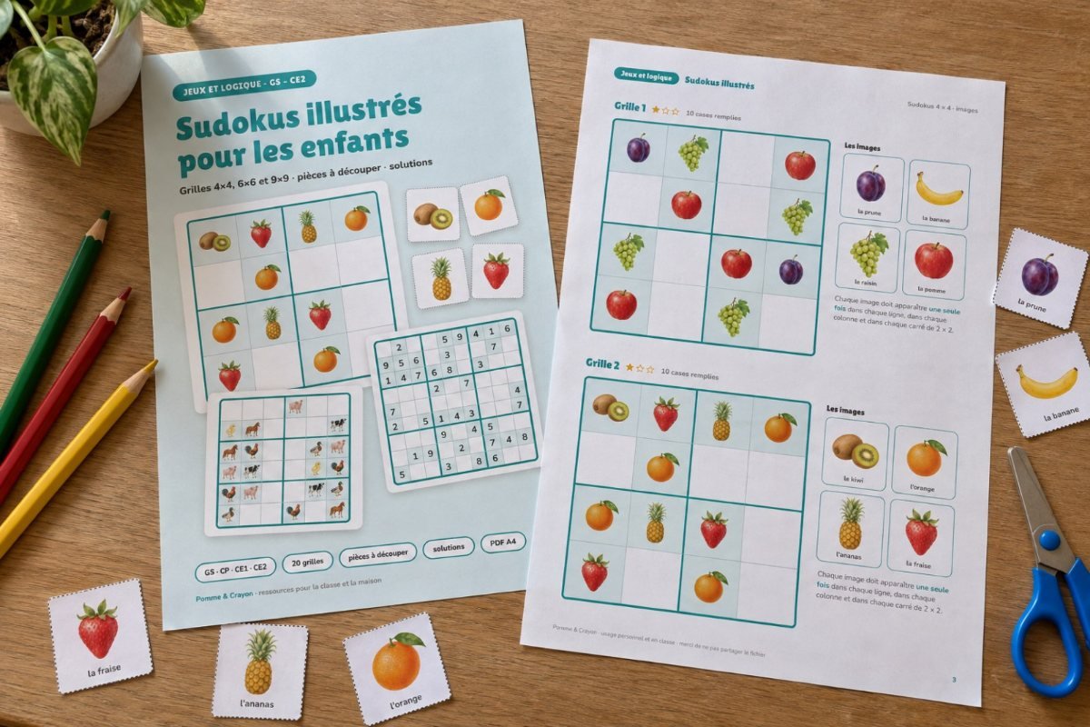 Sudokus illustrés pour les enfants : imprimé sur la table