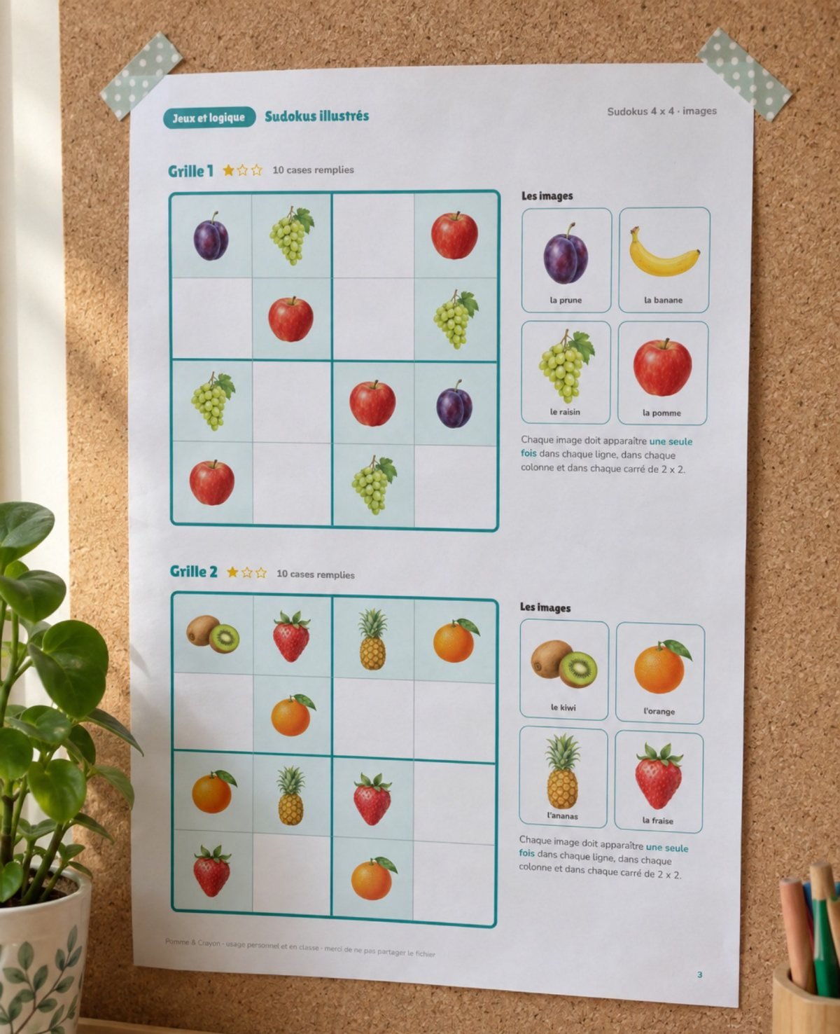 Sudokus illustrés pour les enfants : affiché au mur