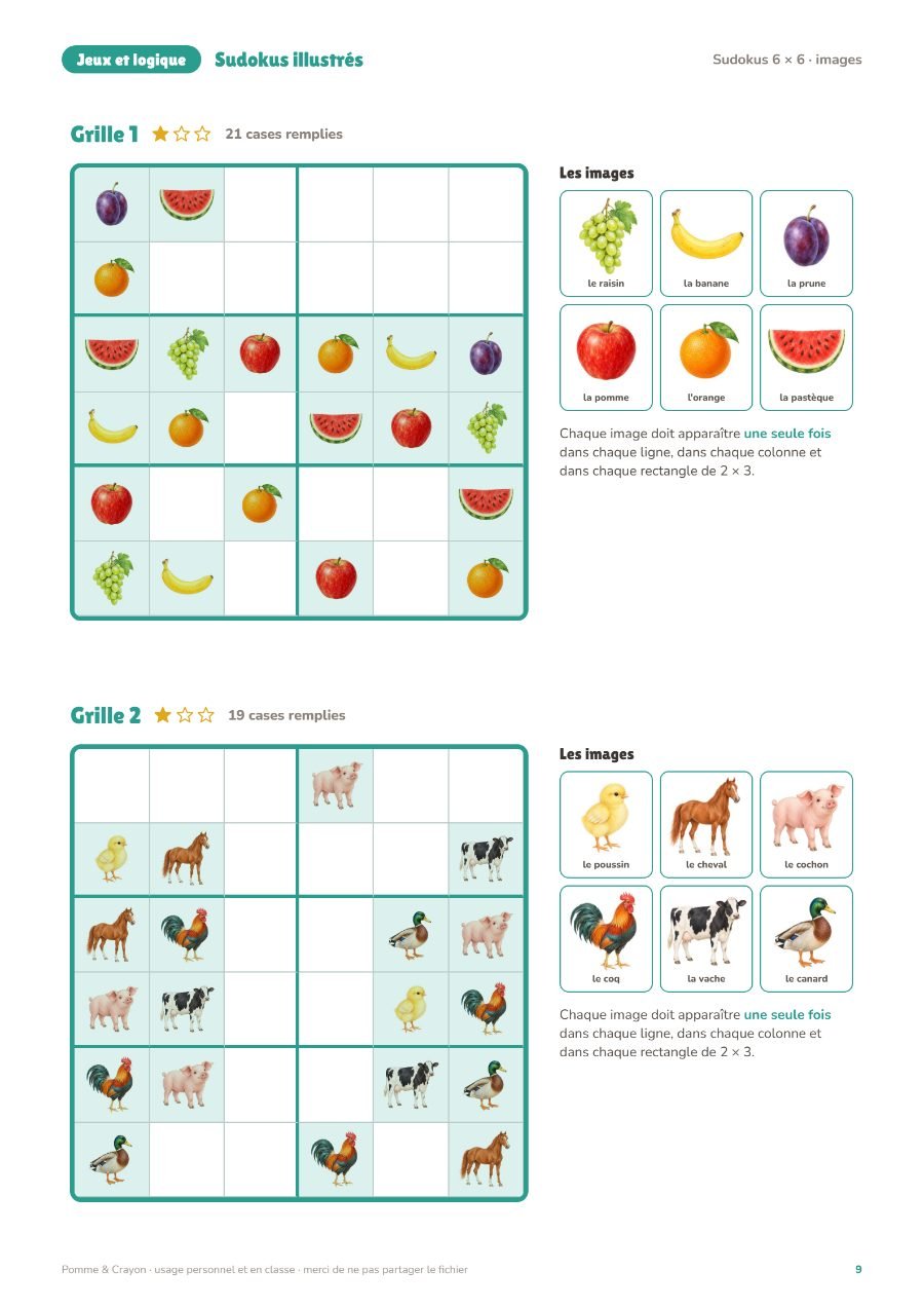 Sudokus illustrés pour les enfants : Une page du fichier