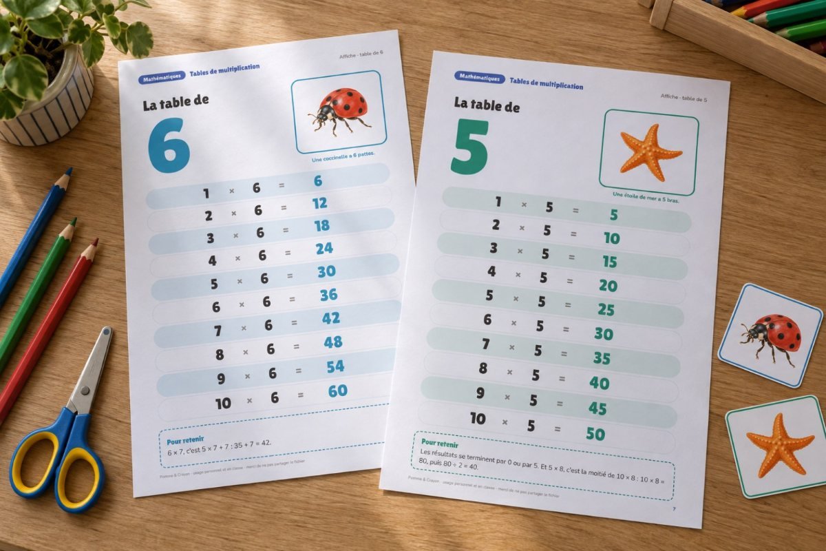 Tables de multiplication : affiches, cartes et jeux : imprimé sur la table