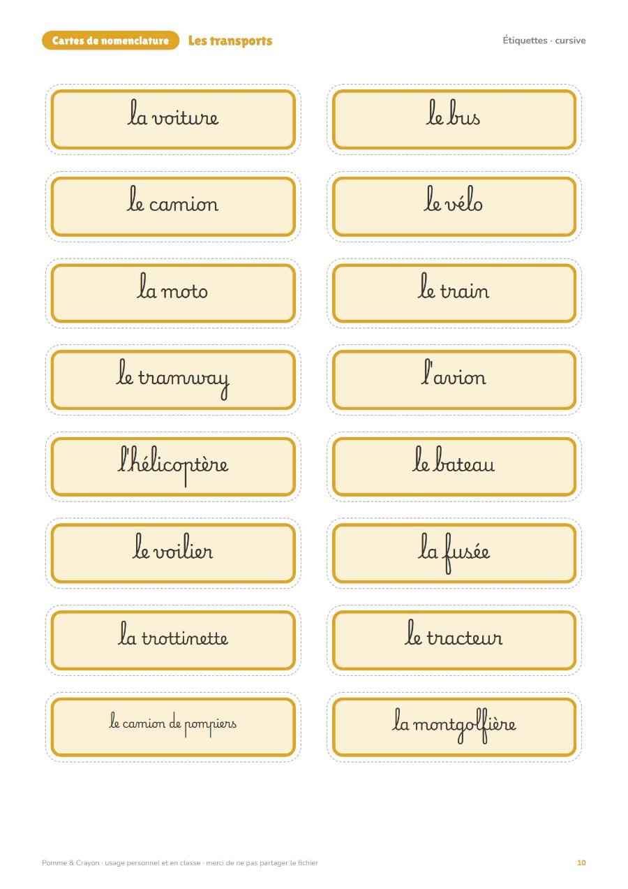 Les transports : Les étiquettes en cursive
