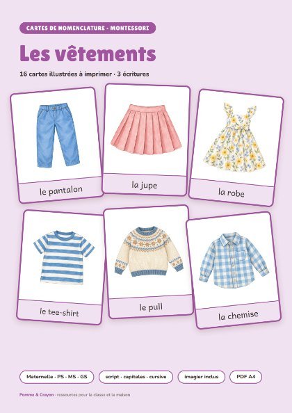 Cartes de nomenclature à imprimer : Les vêtements