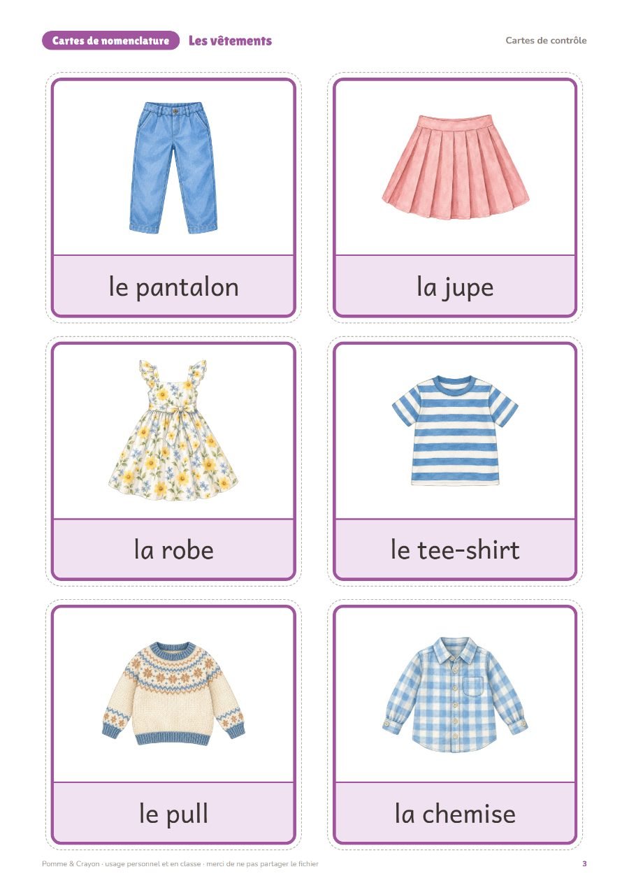 Les vêtements : Les cartes de contrôle