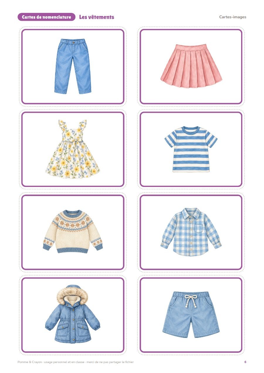 Les vêtements : Les cartes-images