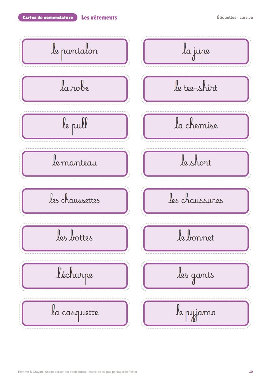 Les vêtements : Les étiquettes en cursive
